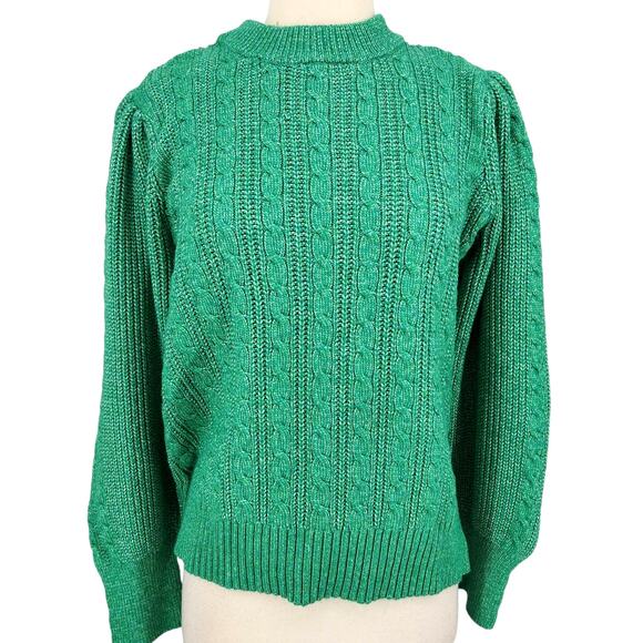 SALE Crown & Ivy Green Elegant Long Puff Sleeve Cable Knit Sweater Size XL - Picture 2 of 10